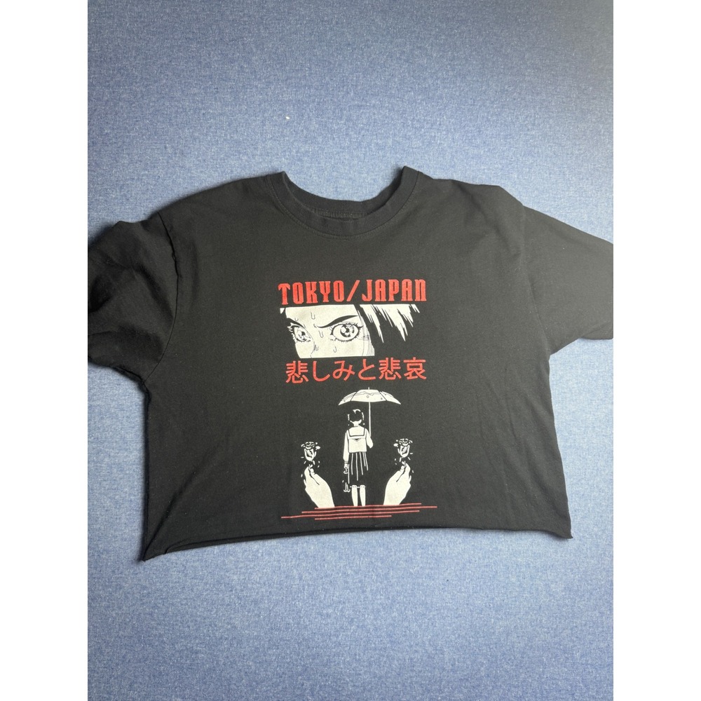 Brisco Brands Tokyo Japan Anime Graphic Tee Black Cropped T-Shirt Large